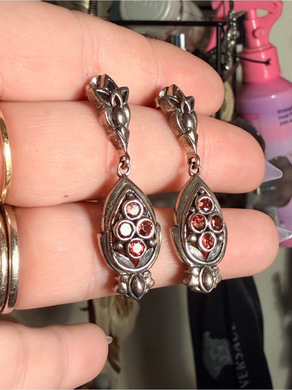 Unique Sterling-Style Silver Drop Earrings with Garnet stones!